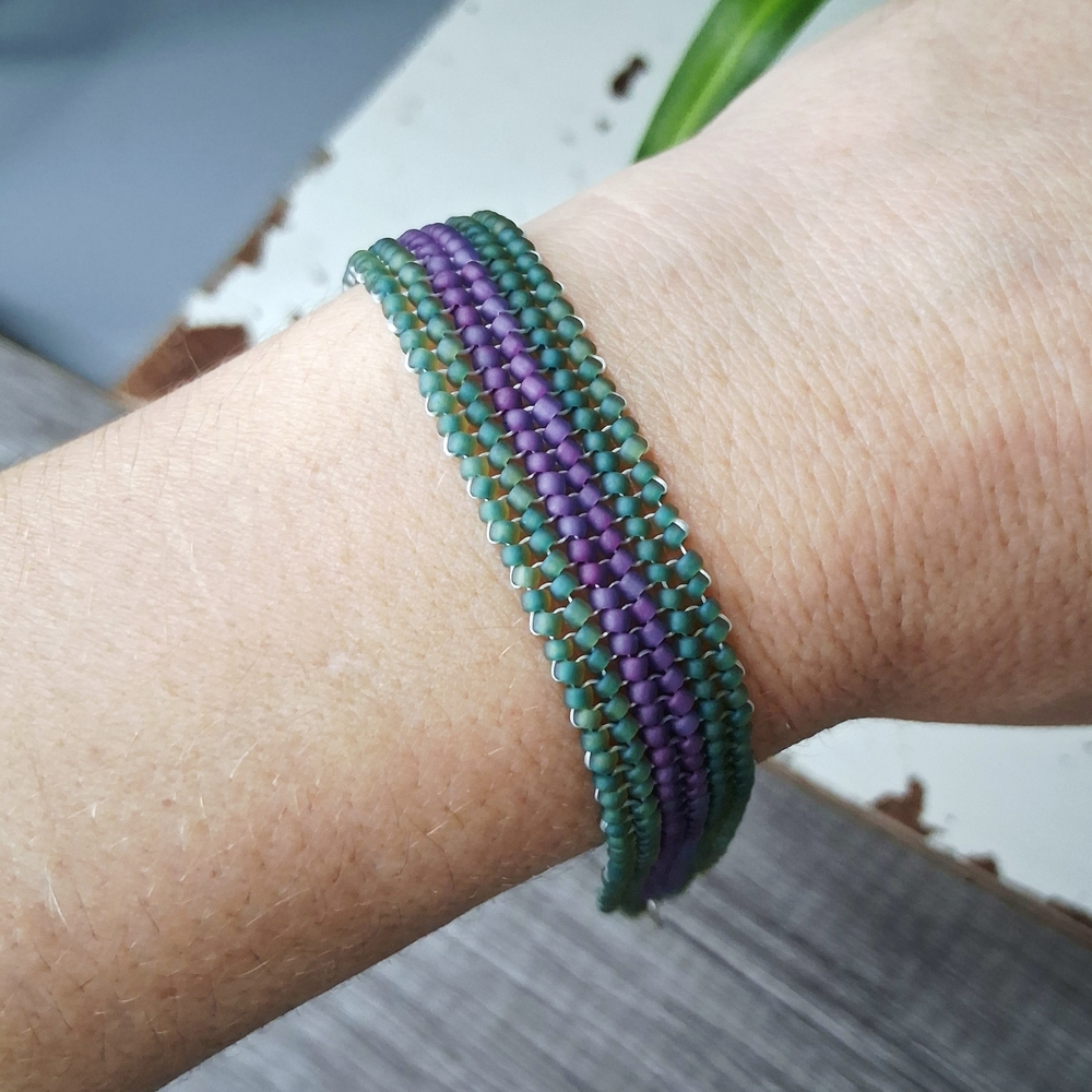 Adjustable Purple & Green Herringbone Beaded Bracelet